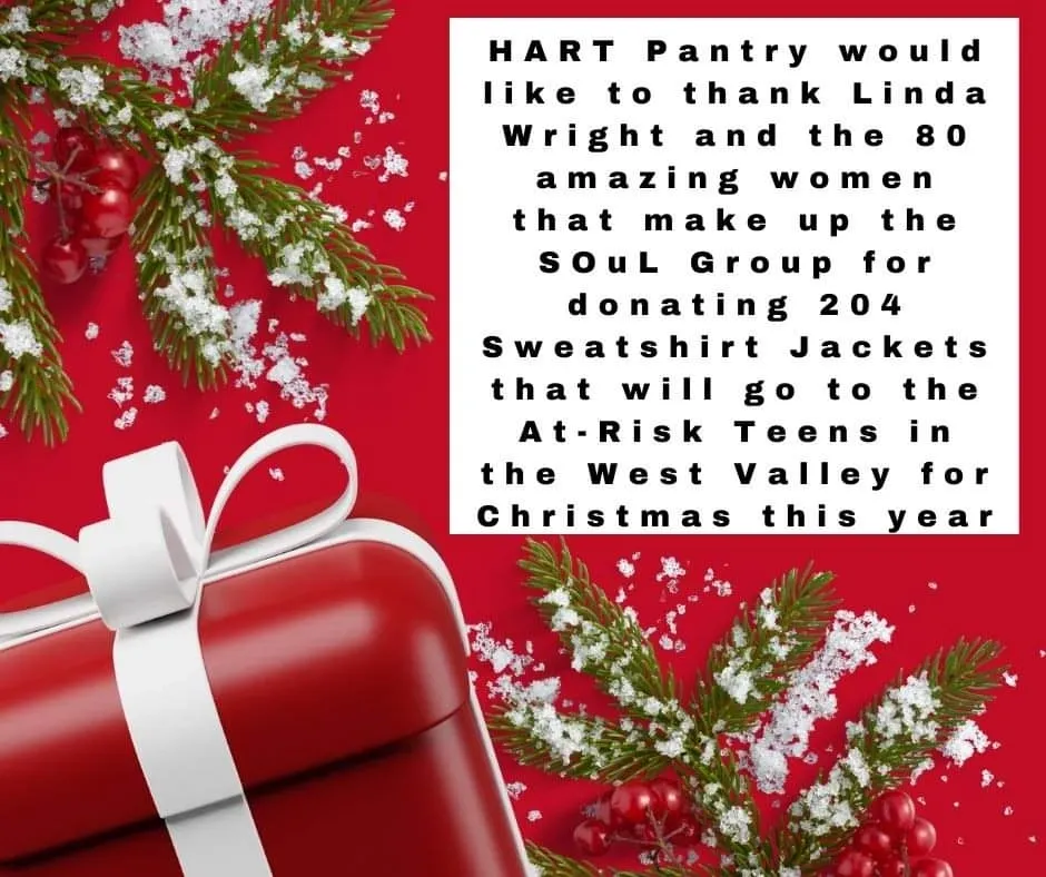 A red and white christmas present with the words hart pantry would like to thank linda wright and the 8 0 amazing women that make up the soul
