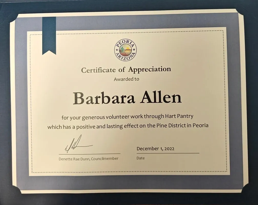 A certificate of appreciation for barbara allen