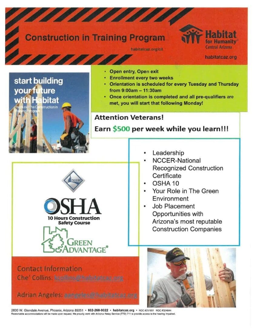 A construction flyer with pictures of people and buildings.