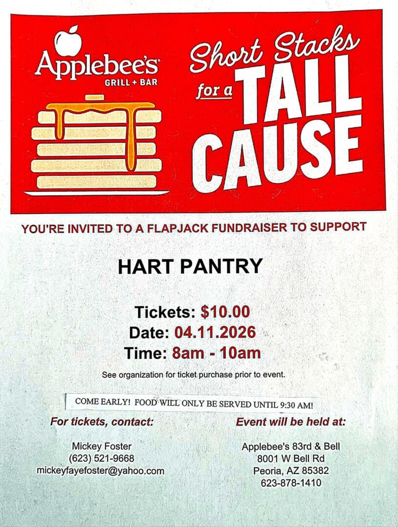 Applebee's pancake fundraiser flyer supporting Hart Pantry
